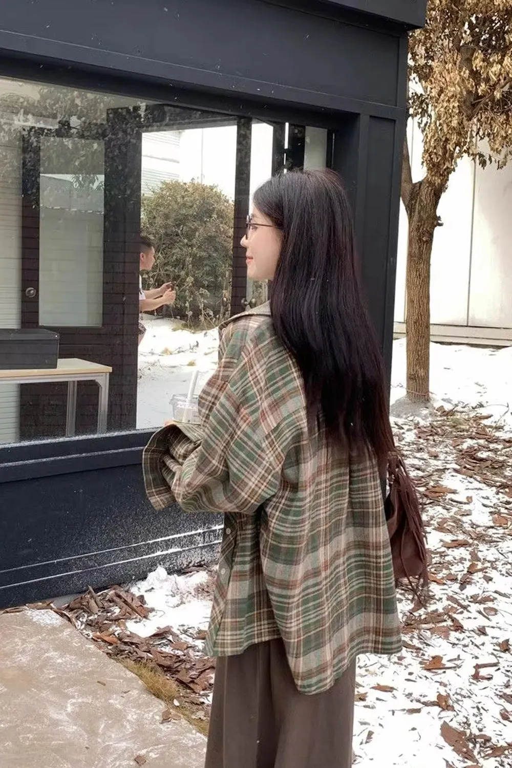 Long Sleeve Loose Retro Plaid Blouse Shirt