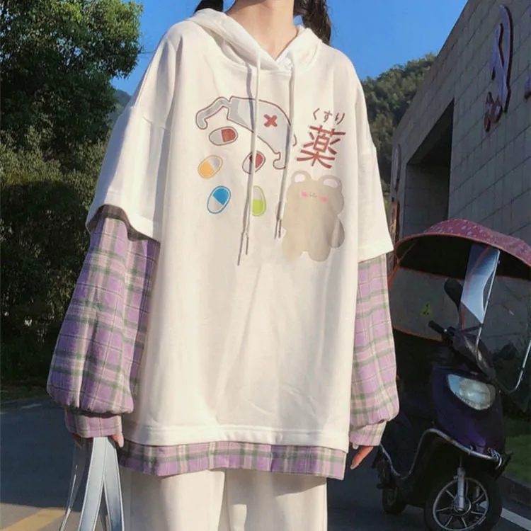 Long Sleeve Mask and Pill Printed Plaid Combine Shirt