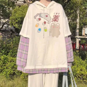 Long Sleeve Mask and Pill Printed Plaid Combine Shirt