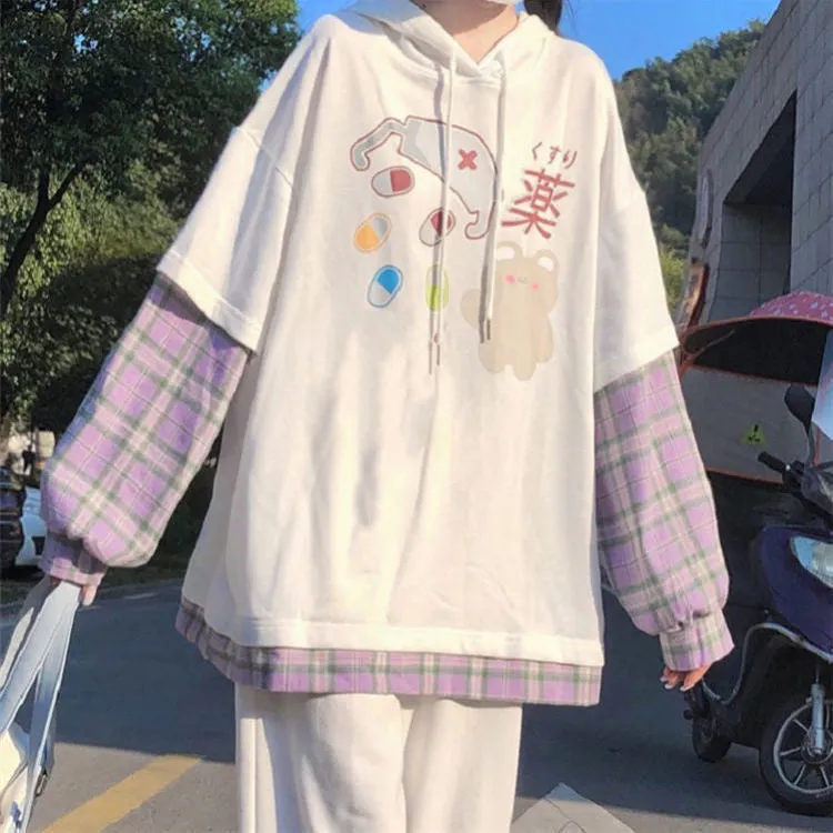 Long Sleeve Mask and Pill Printed Plaid Combine Shirt