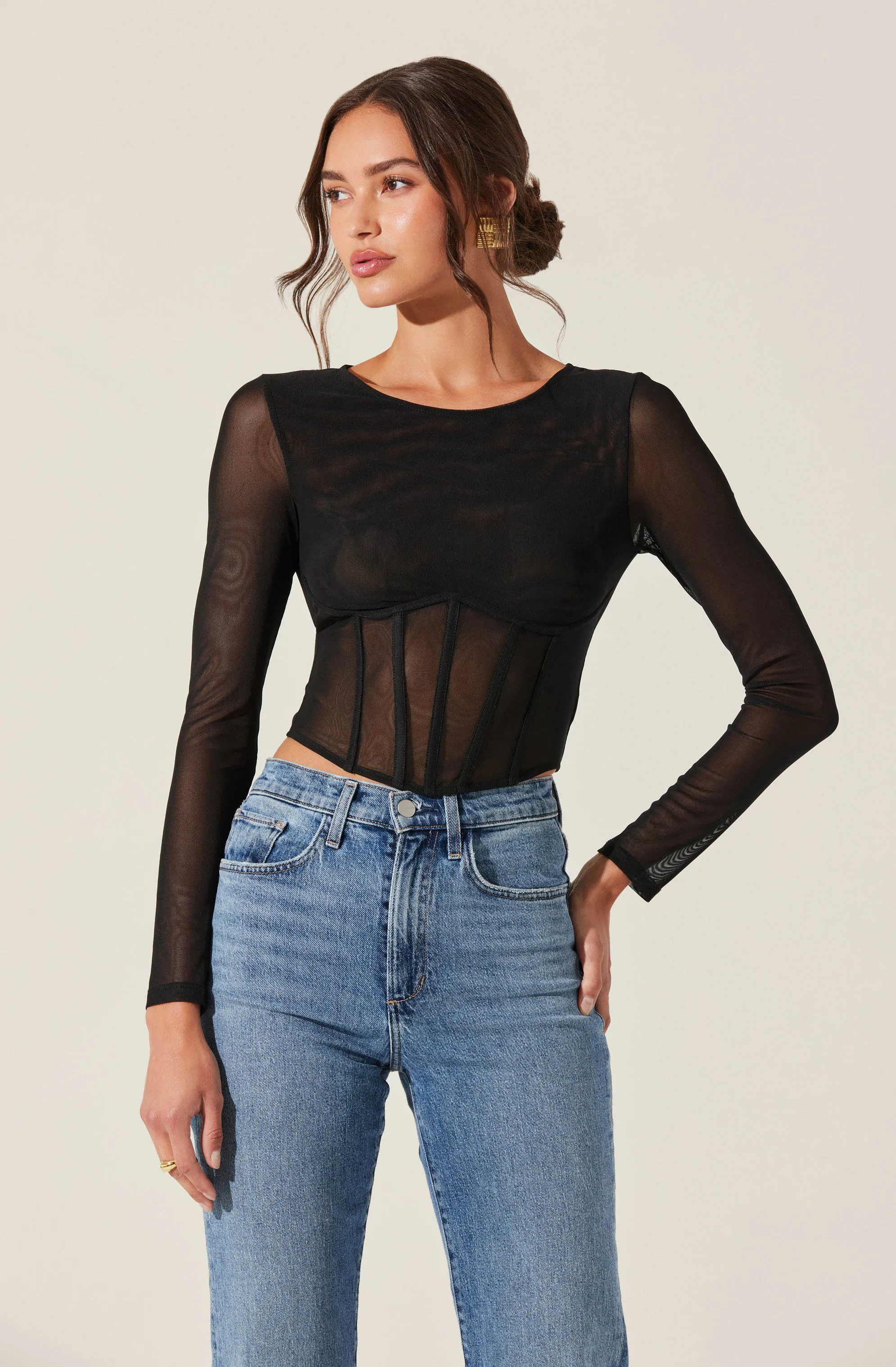 Long Sleeve Mesh Corset Top