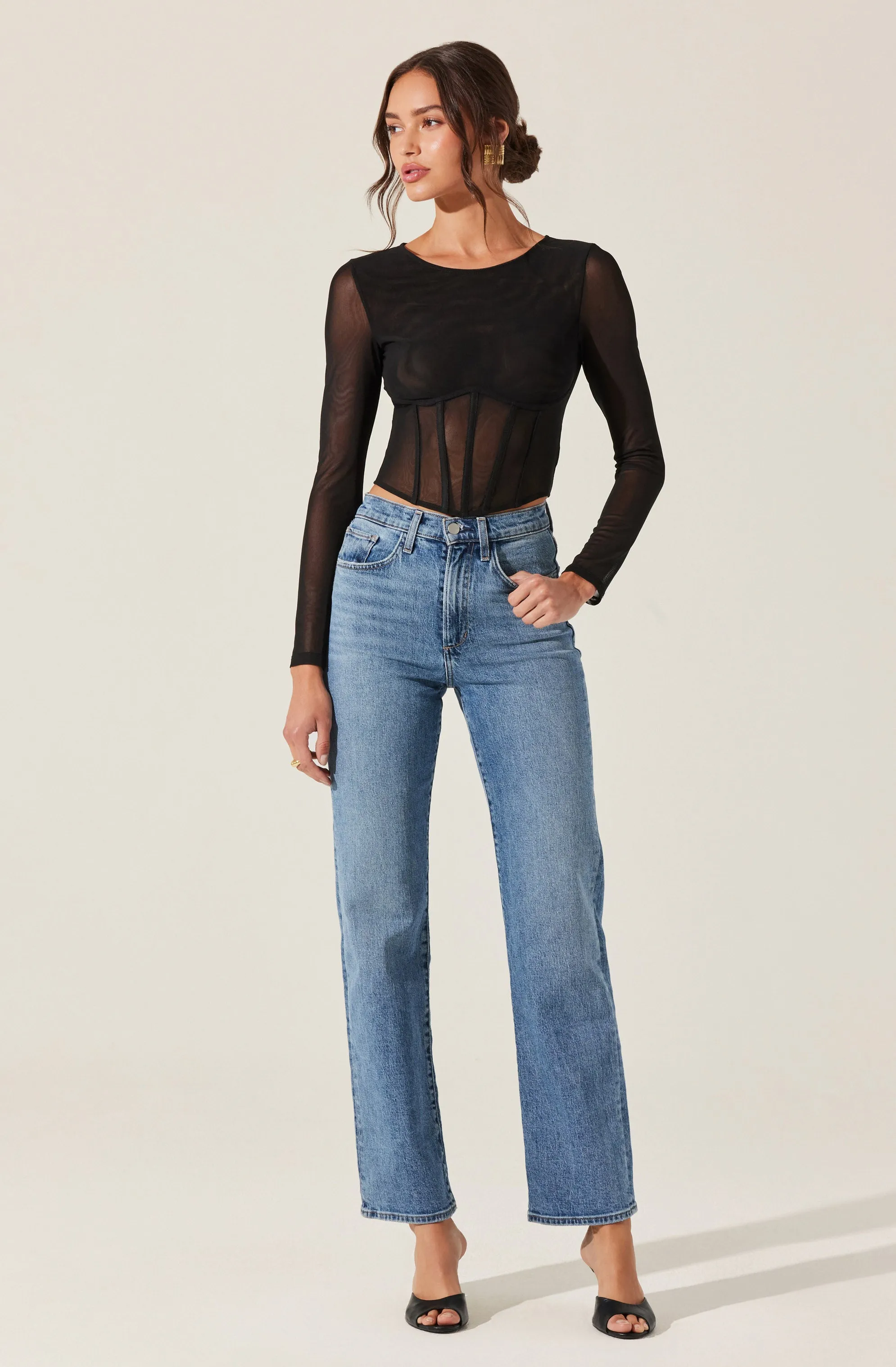 Long Sleeve Mesh Corset Top