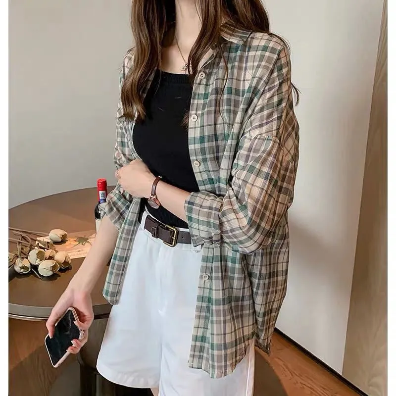 Long Sleeve Plaid Style Thin Summer Blouse Shirt