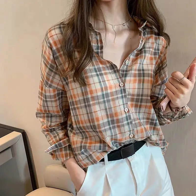 Long Sleeve Plaid Style Thin Summer Blouse Shirt