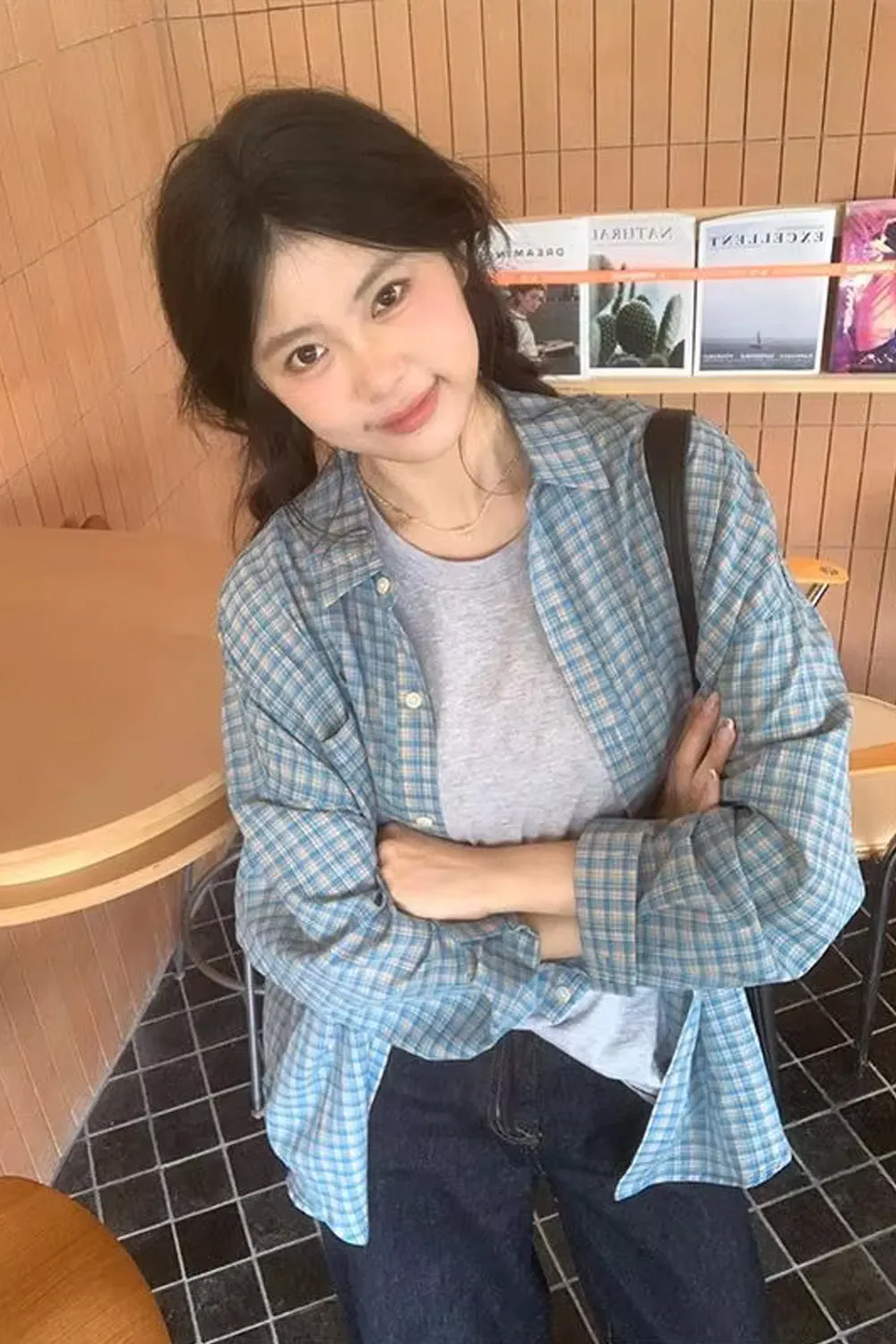 Long Sleeve Retro Blue Plaid Blouse Shirt