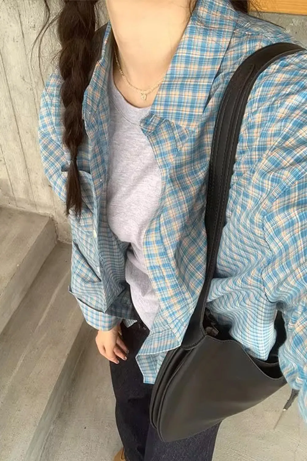 Long Sleeve Retro Blue Plaid Blouse Shirt