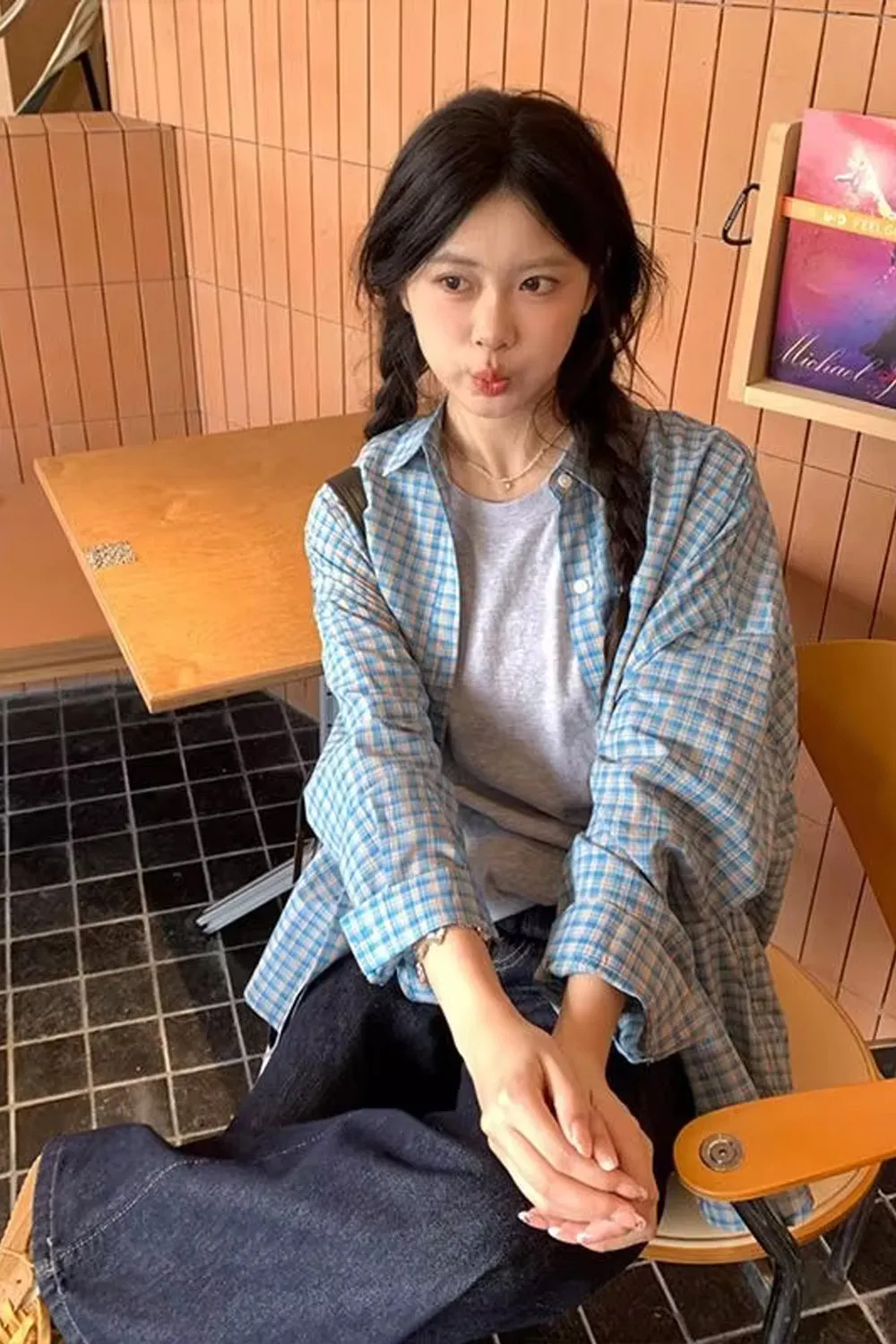 Long Sleeve Retro Blue Plaid Blouse Shirt
