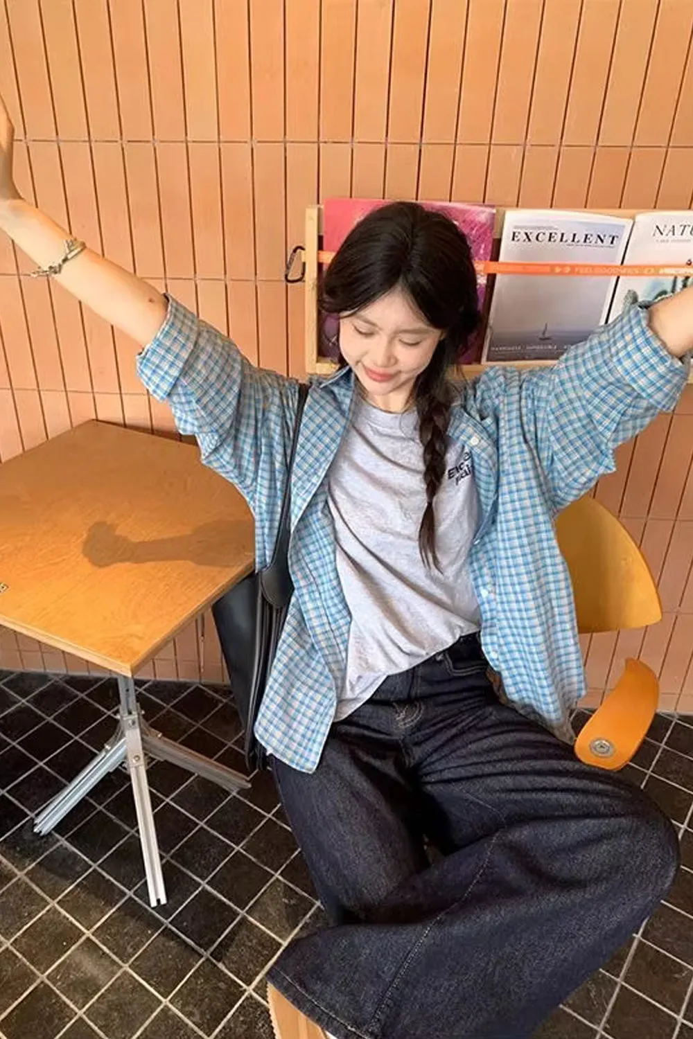 Long Sleeve Retro Blue Plaid Blouse Shirt