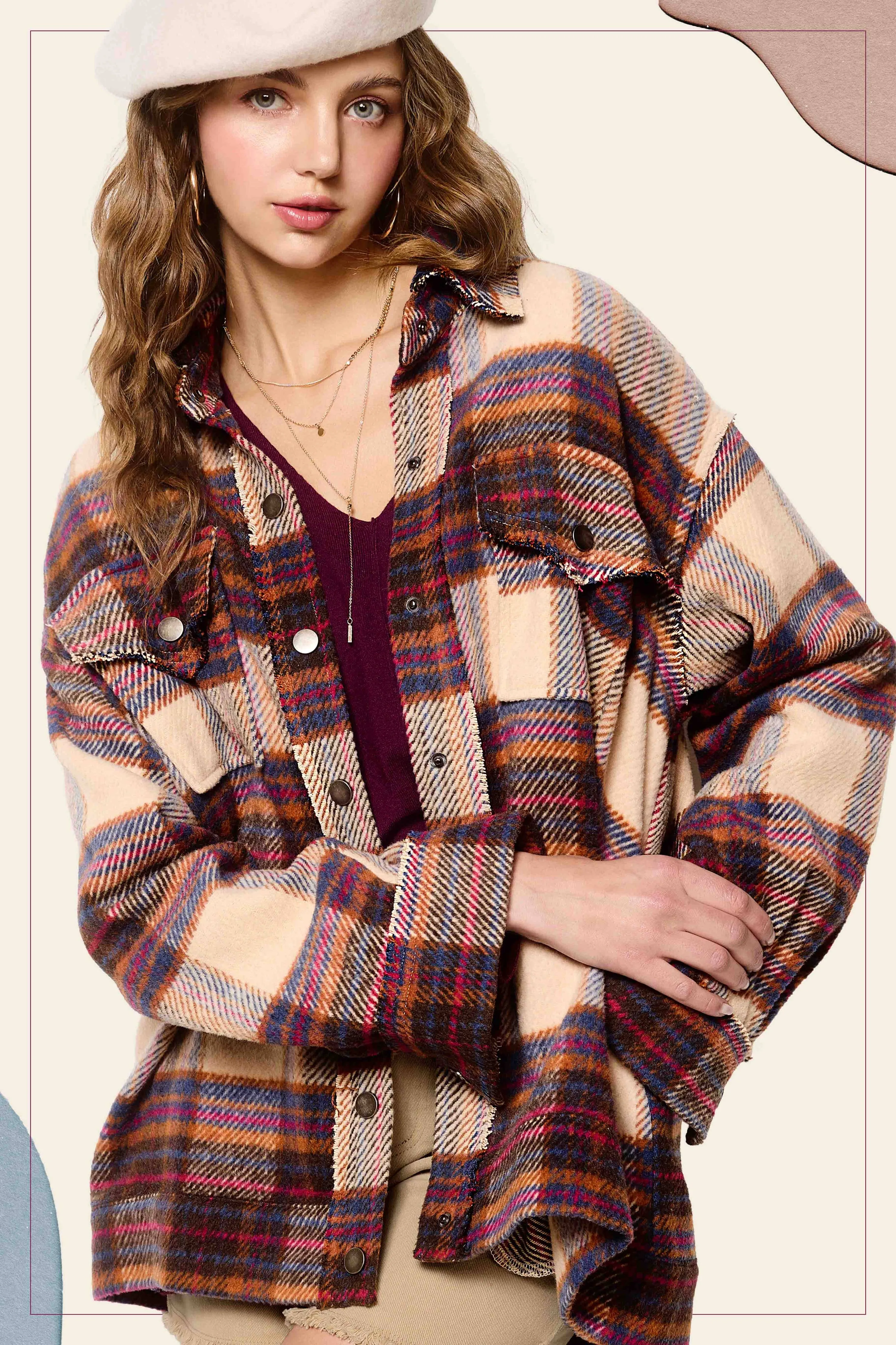 Loose Fit Plaid Button Down Shacket with Pockets
