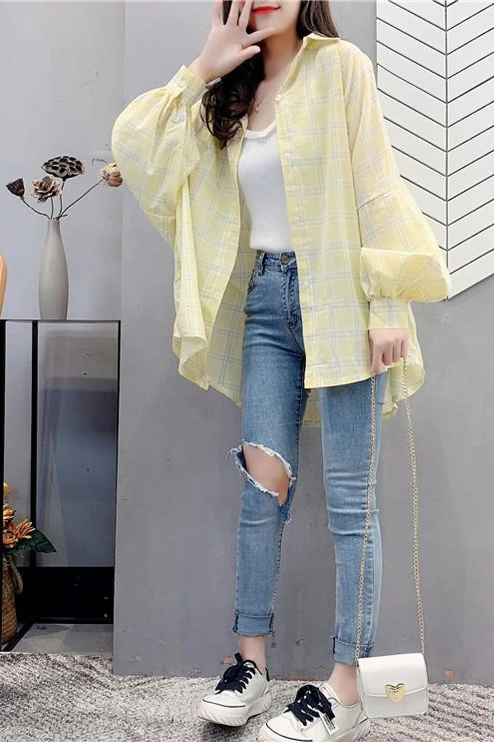 Loose Light Plaid Colors Casual Blouse Shirt