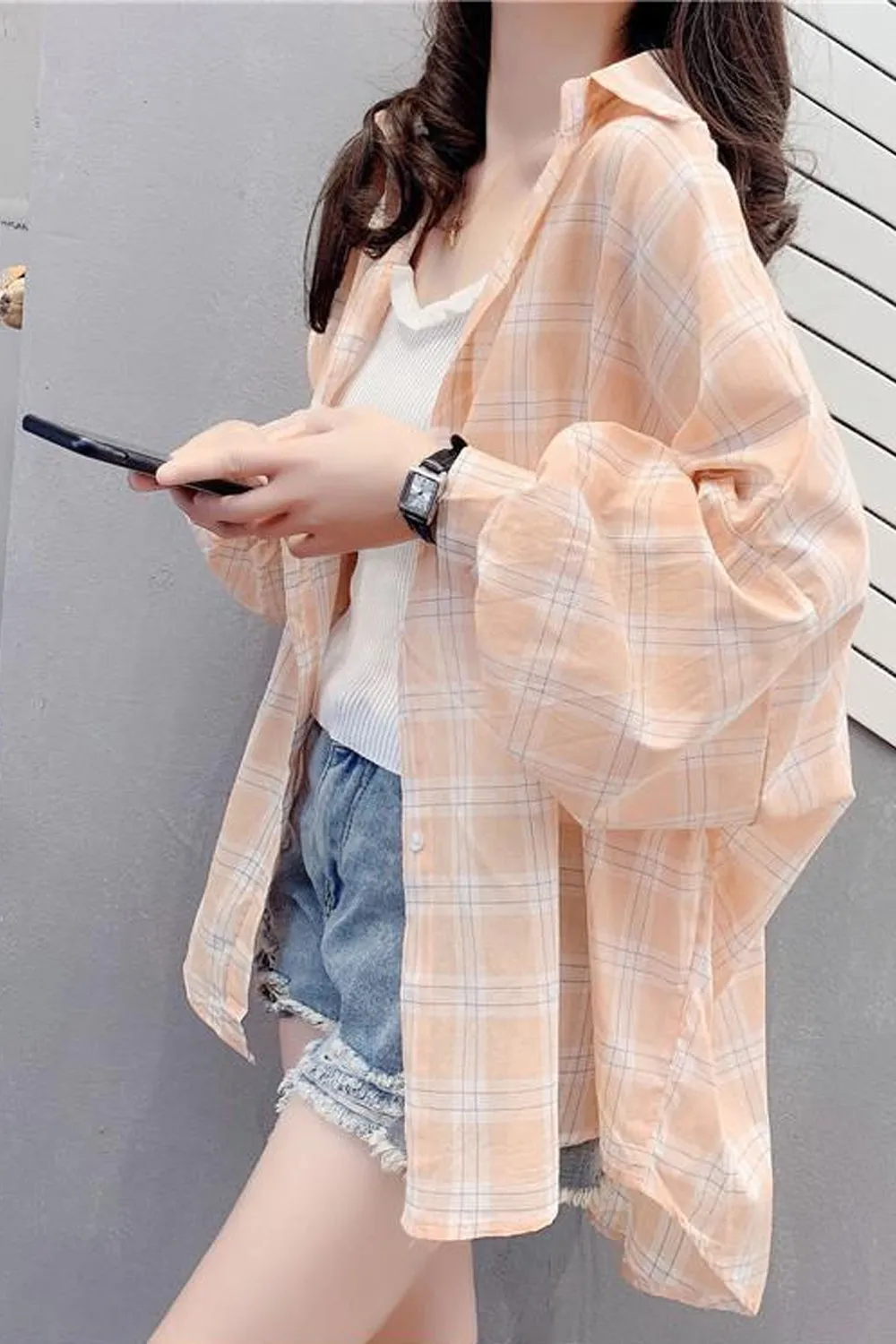 Loose Light Plaid Colors Casual Blouse Shirt