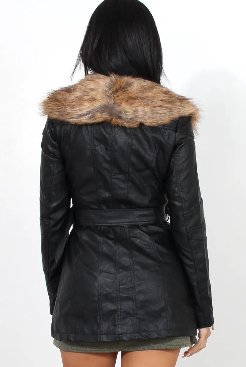 Madi Black PU Faux Fur Belted Jacket