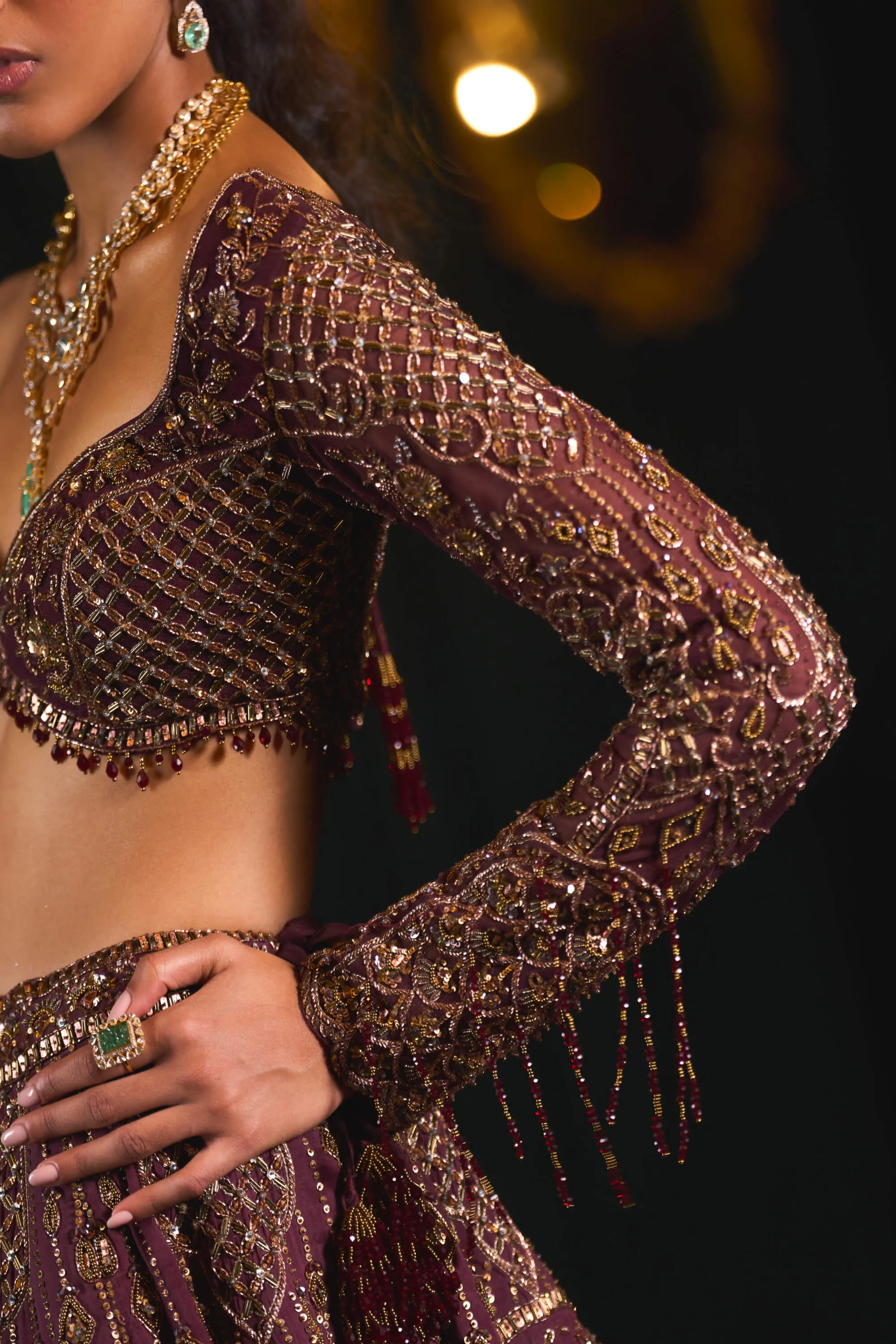 Mahruq wine gold zari lehenga set