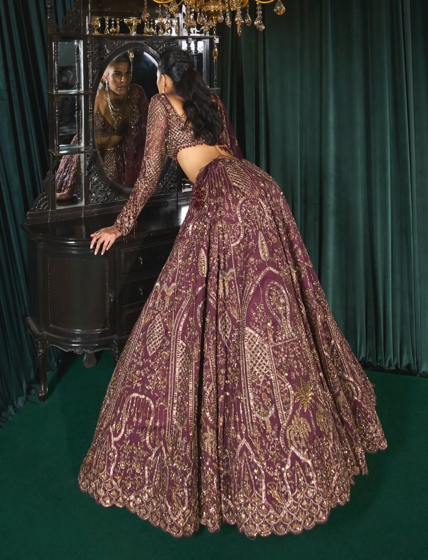 Mahruq wine gold zari lehenga set