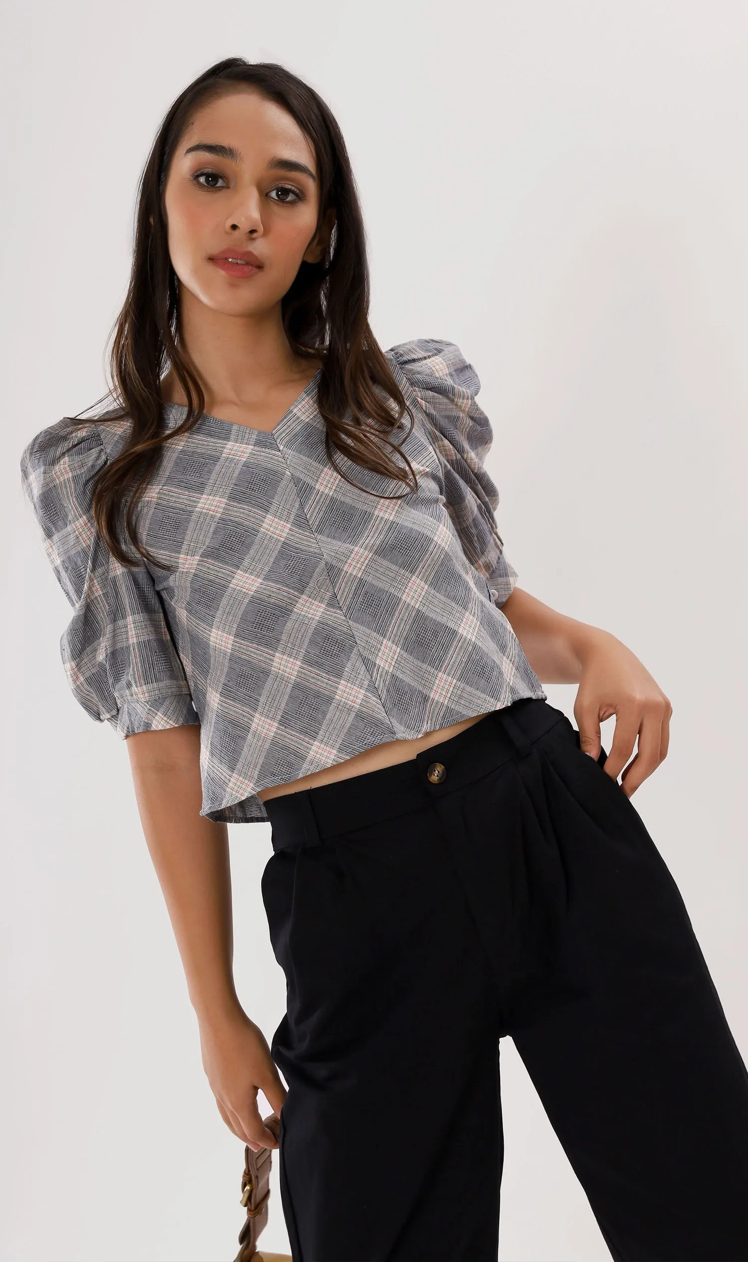MARLA Plaid Puff-Sleeve 2-way Top (Dark Grey)