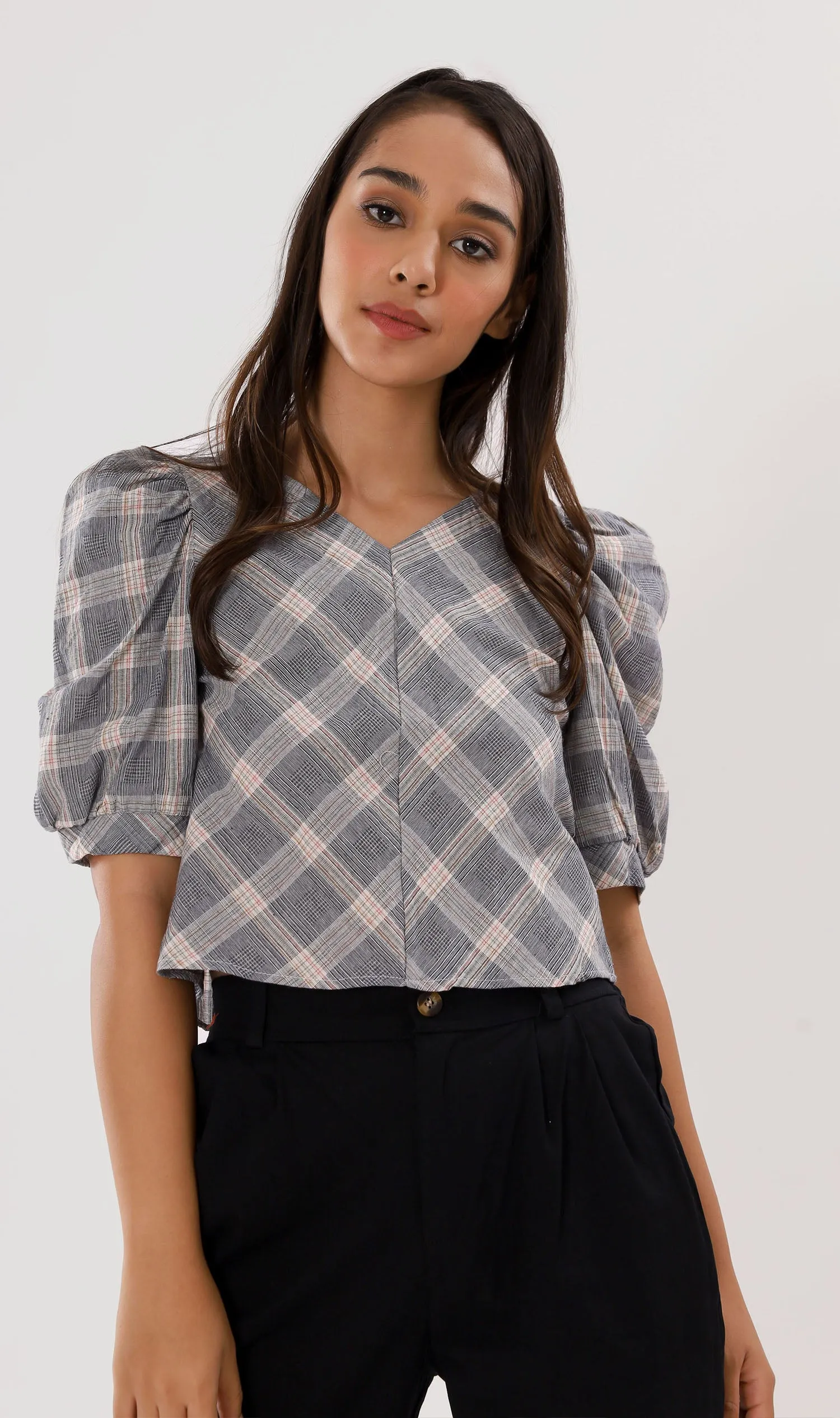 MARLA Plaid Puff-Sleeve 2-way Top (Dark Grey)