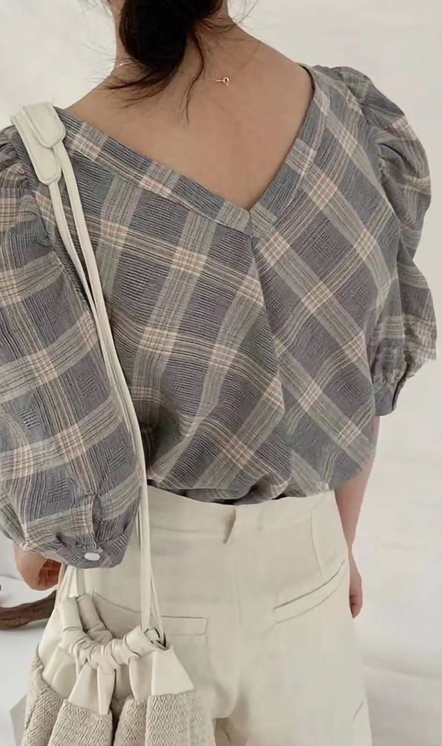 MARLA Plaid Puff-Sleeve 2-way Top (Dark Grey)