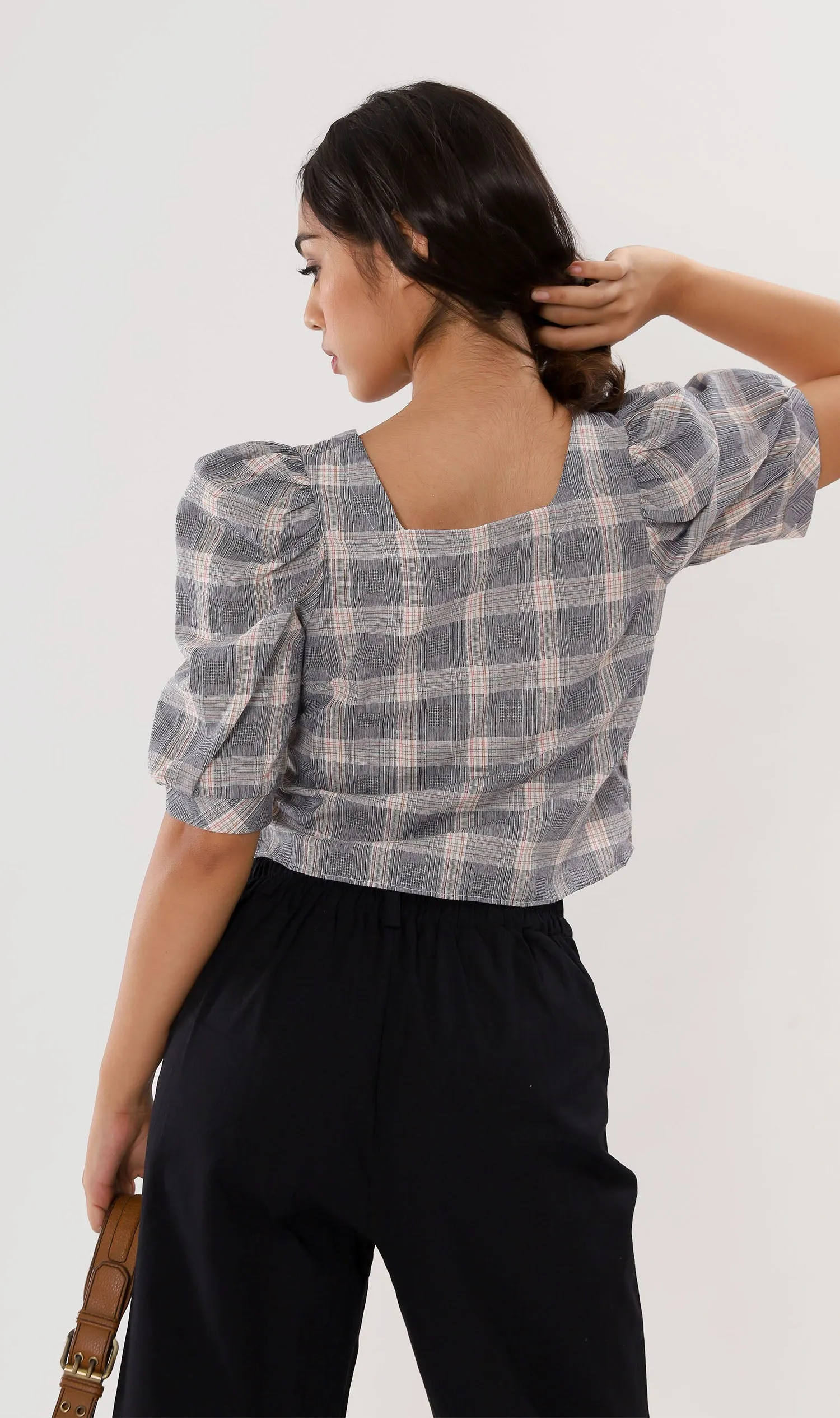 MARLA Plaid Puff-Sleeve 2-way Top (Dark Grey)
