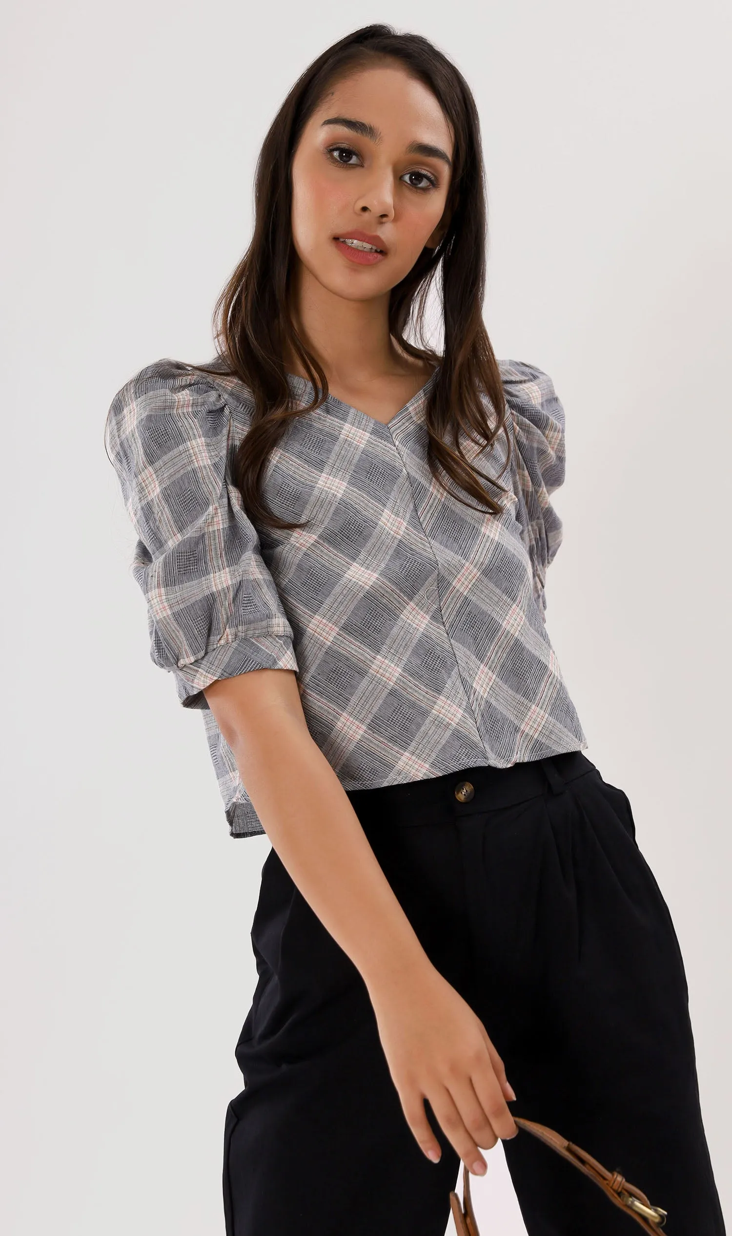 MARLA Plaid Puff-Sleeve 2-way Top (Dark Grey)