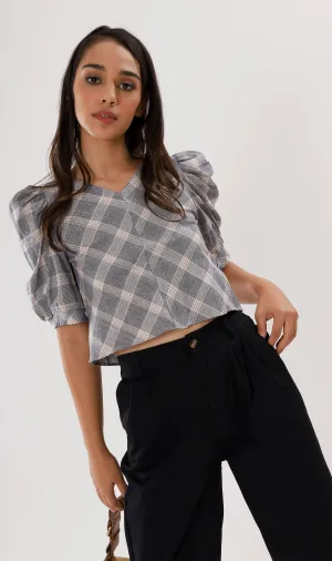 MARLA Plaid Puff-Sleeve 2-way Top (Dark Grey)
