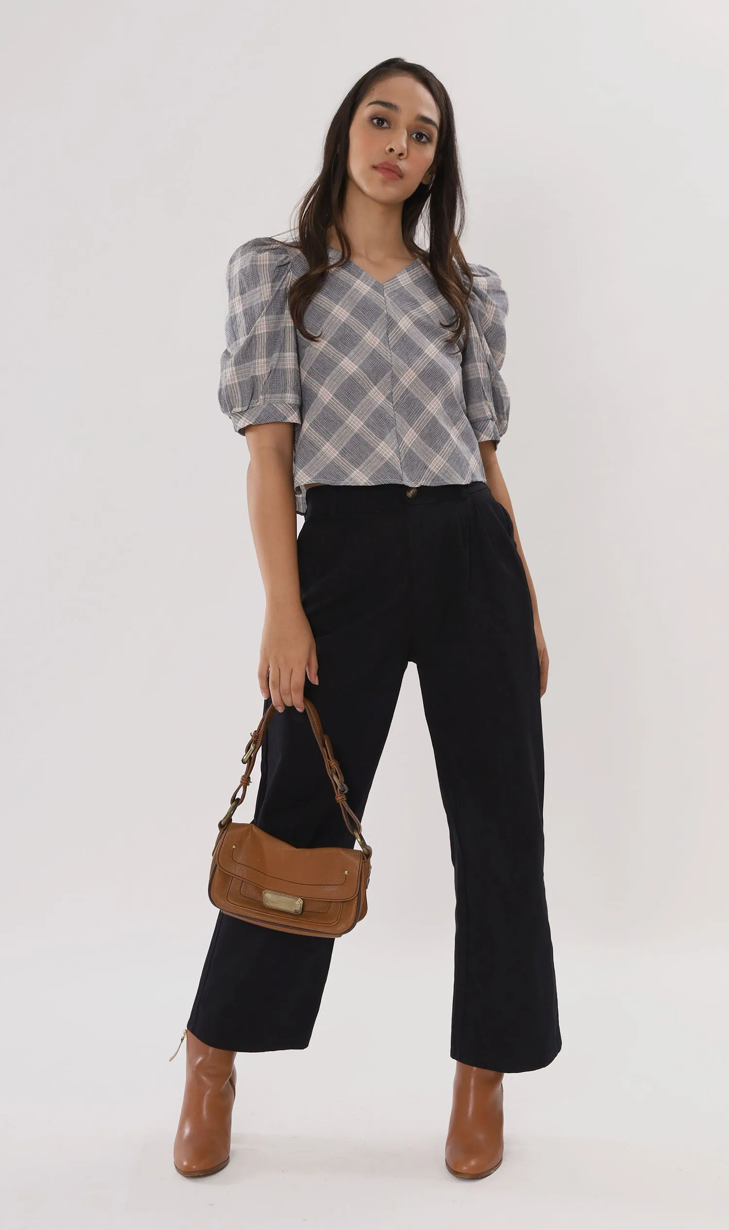 MARLA Plaid Puff-Sleeve 2-way Top (Dark Grey)