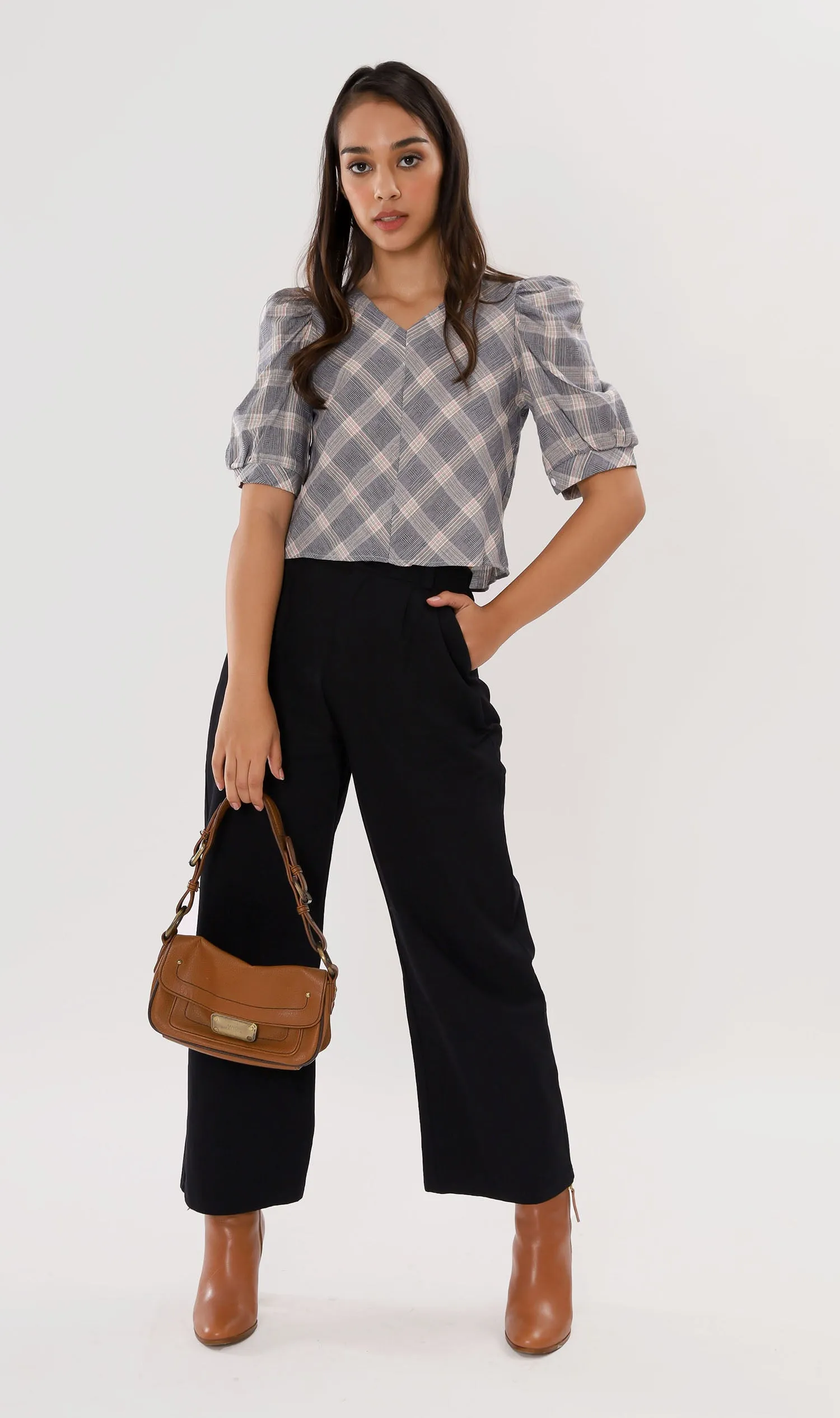 MARLA Plaid Puff-Sleeve 2-way Top (Dark Grey)