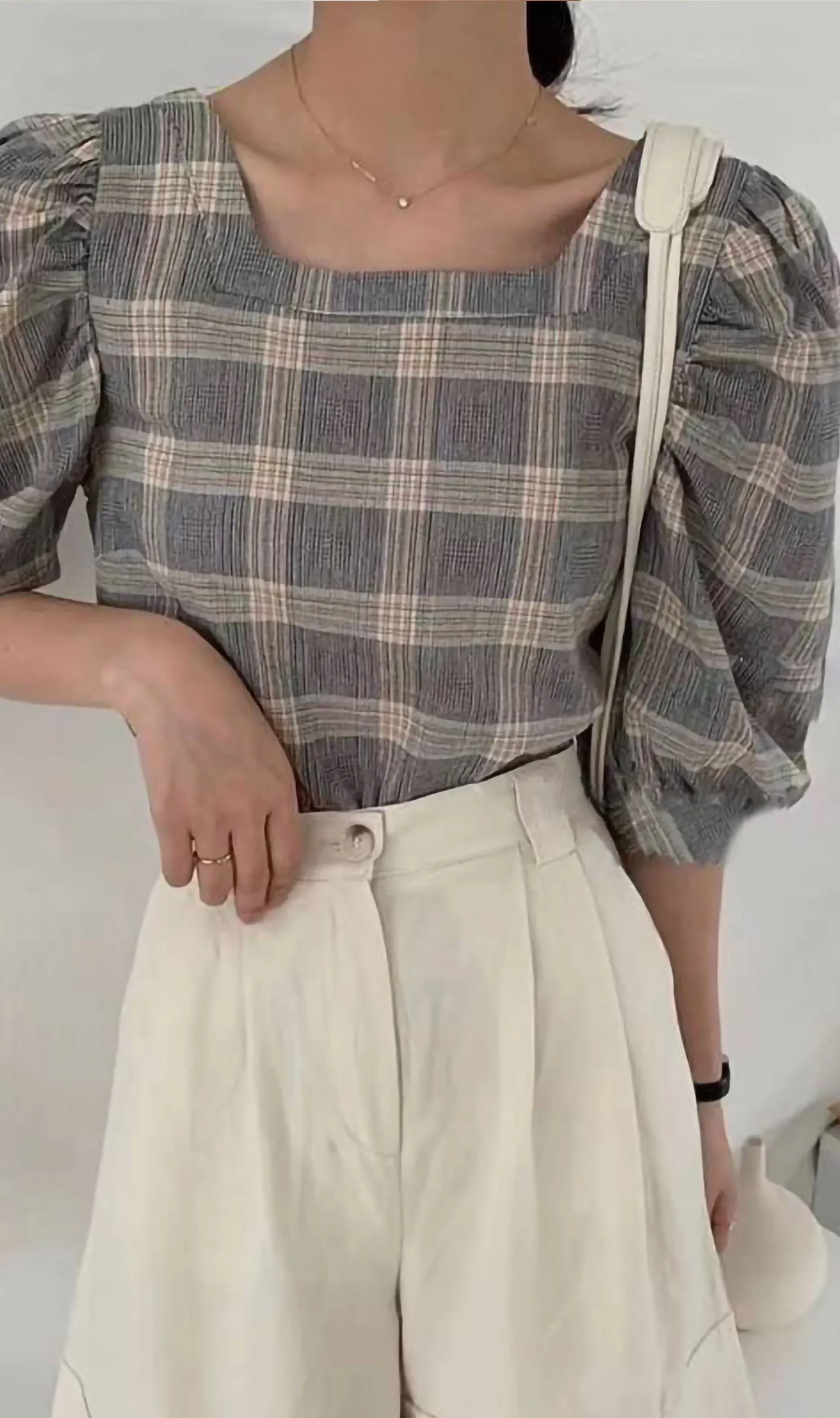MARLA Plaid Puff-Sleeve 2-way Top (Dark Grey)