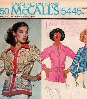 McCall's 5445 Womens Long Sleeved Casual Tops 1970s Vintage Sewing Pattern Size 16 Bust 38 inches