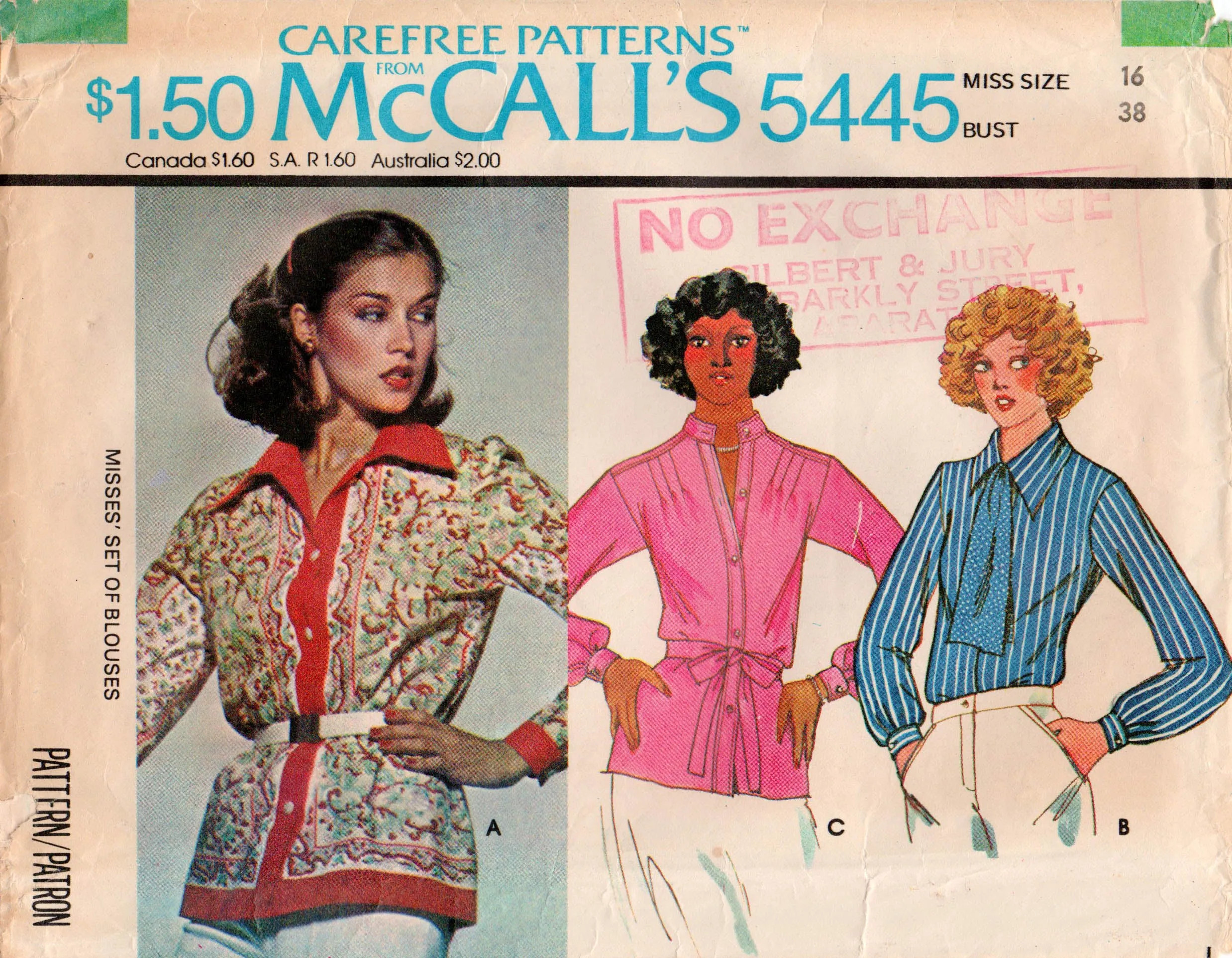 McCall's 5445 Womens Long Sleeved Casual Tops 1970s Vintage Sewing Pattern Size 16 Bust 38 inches