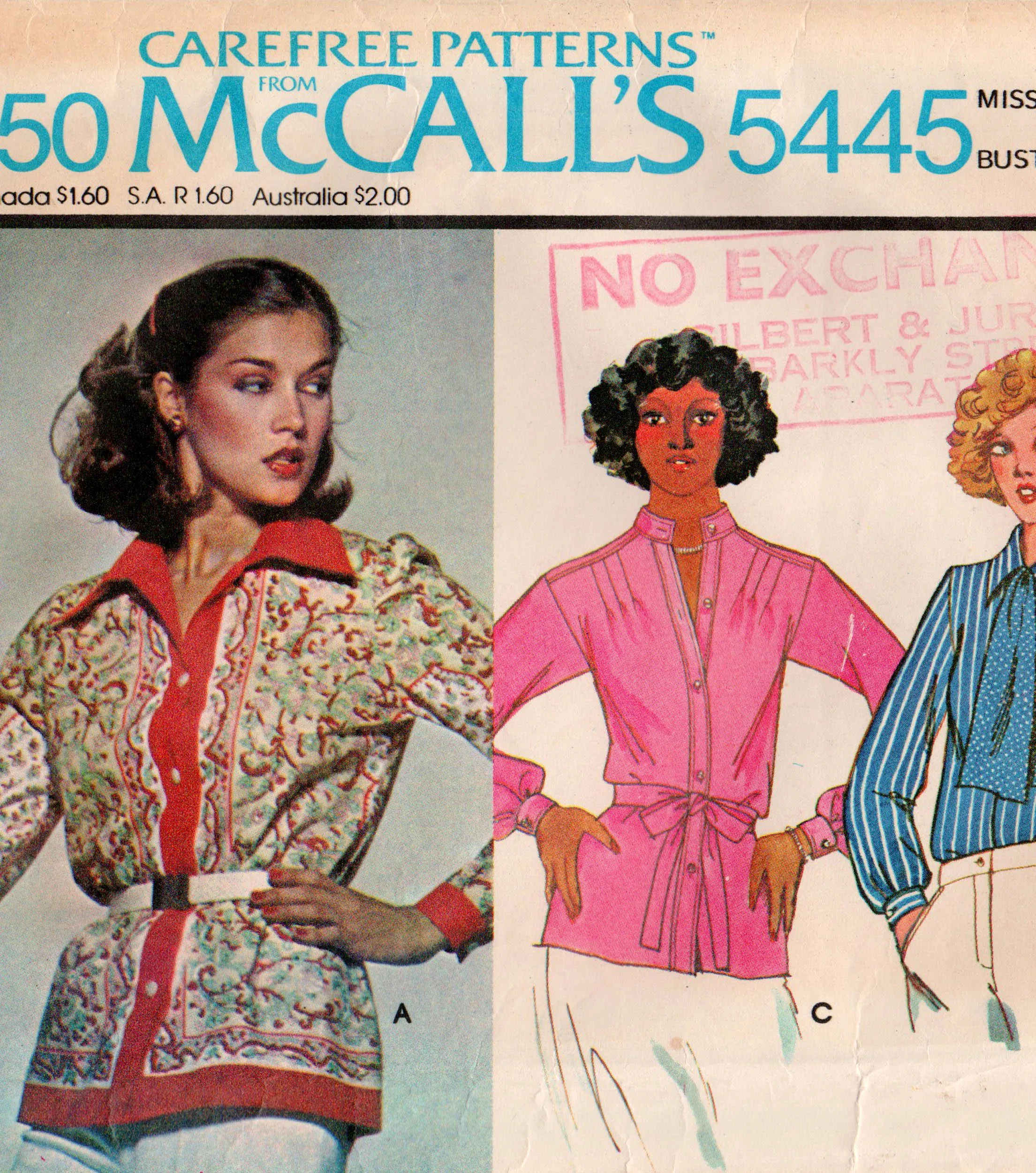 McCall's 5445 Womens Long Sleeved Casual Tops 1970s Vintage Sewing Pattern Size 16 Bust 38 inches