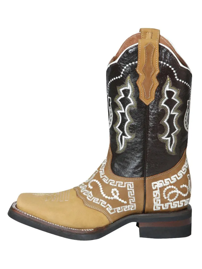 Men's Nubuck Leather Embroidered Saddle Western Cowboy Boots 'El General' 51111