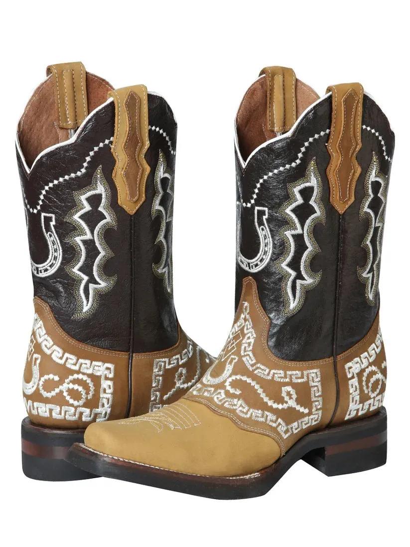 Men's Nubuck Leather Embroidered Saddle Western Cowboy Boots 'El General' 51111