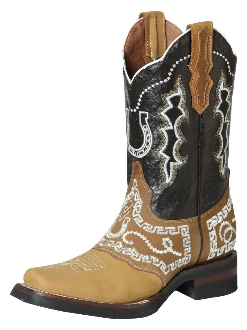 Men's Nubuck Leather Embroidered Saddle Western Cowboy Boots 'El General' 51111