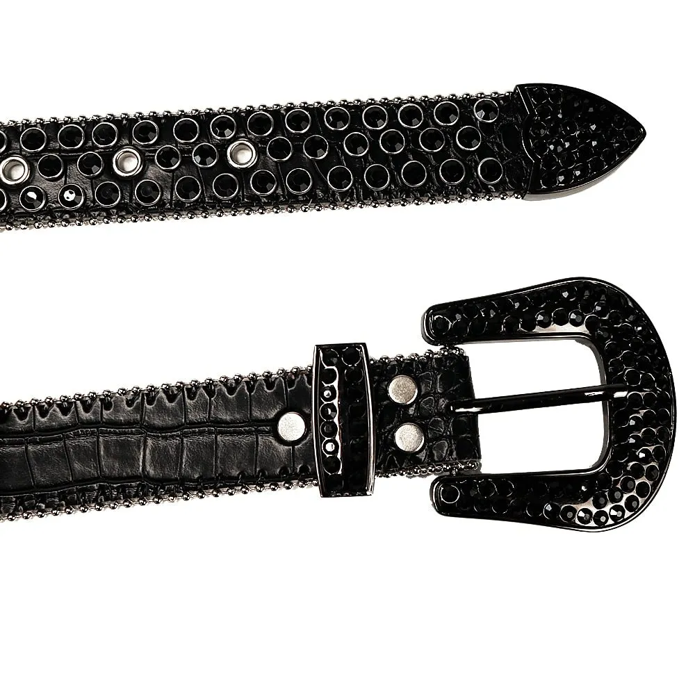 Mens Rhinestones Alligator Leather Belt All Black