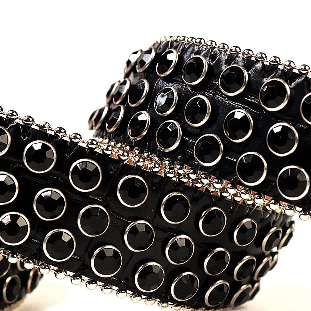 Mens Rhinestones Alligator Leather Belt All Black