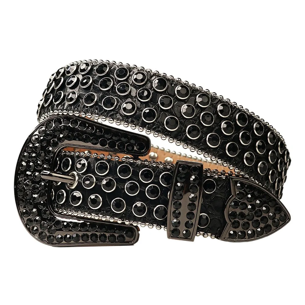 Mens Rhinestones Alligator Leather Belt All Black