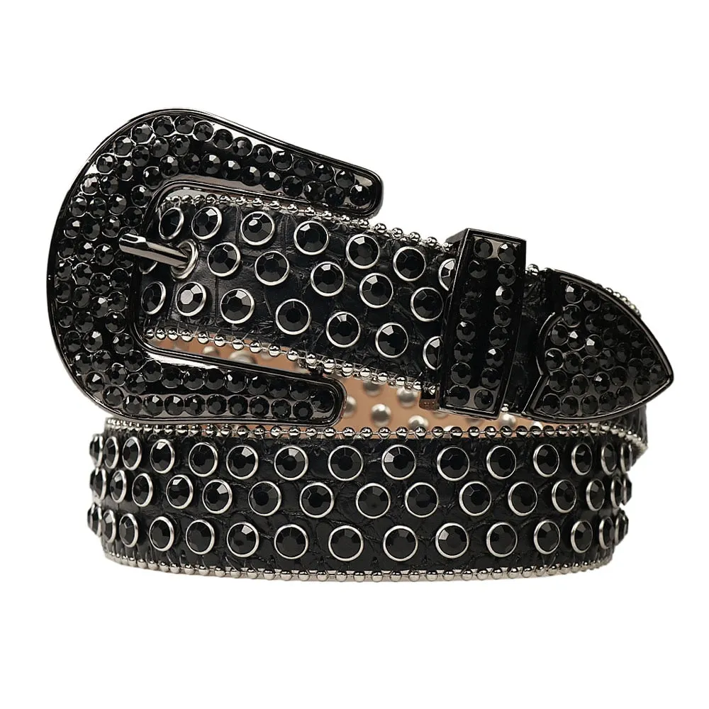 Mens Rhinestones Alligator Leather Belt All Black