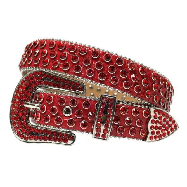 Mens Rhinestones Alligator Leather Belt All Red