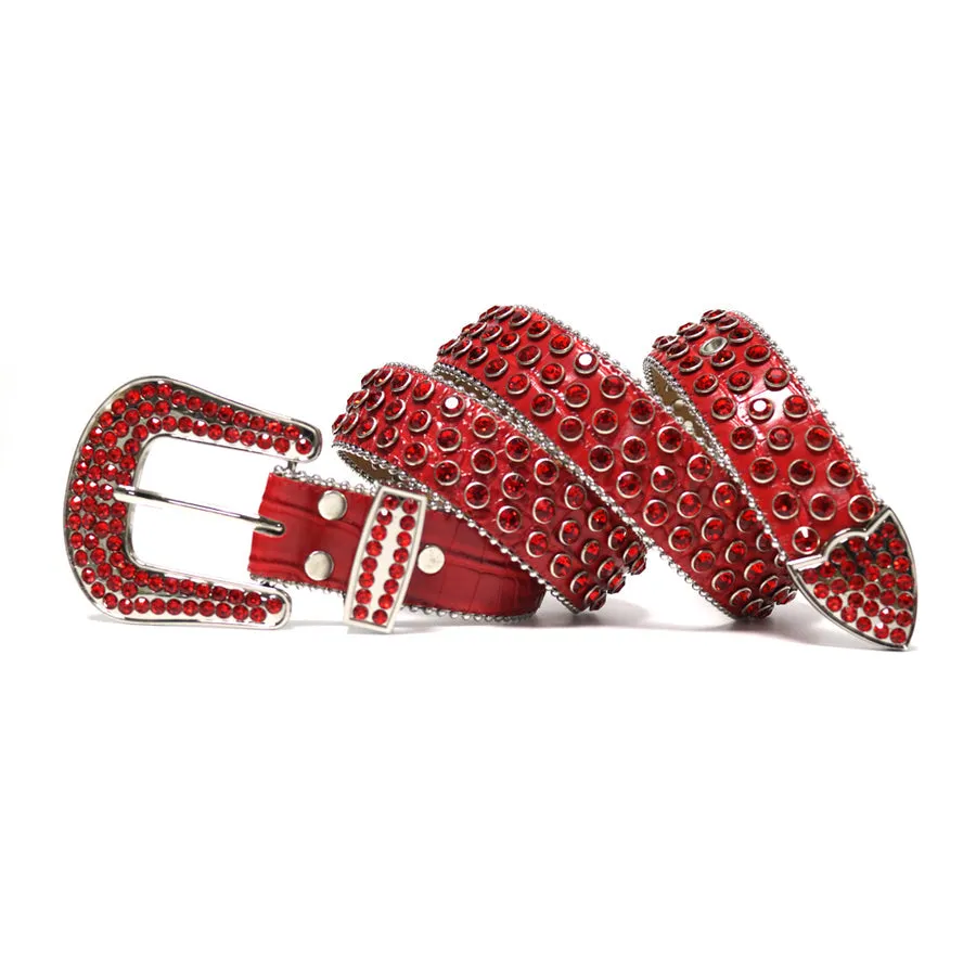 Mens Rhinestones Alligator Leather Belt All Red