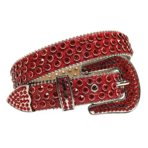 Mens Rhinestones Alligator Leather Belt All Red