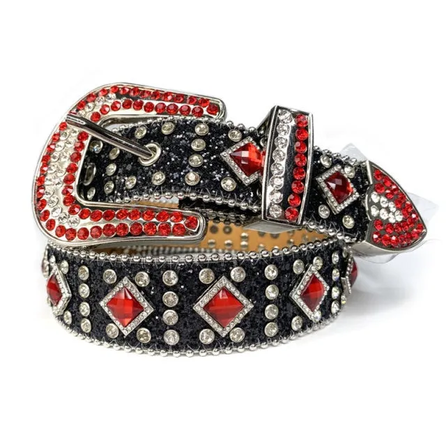 Mens Rhinestones Alligator Leather Belt Black & Red