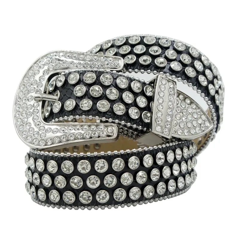 Mens Rhinestones Alligator Leather Belt Black & White