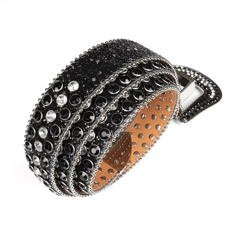 Mens Rhinestones Alligator Leather Belt Black & White
