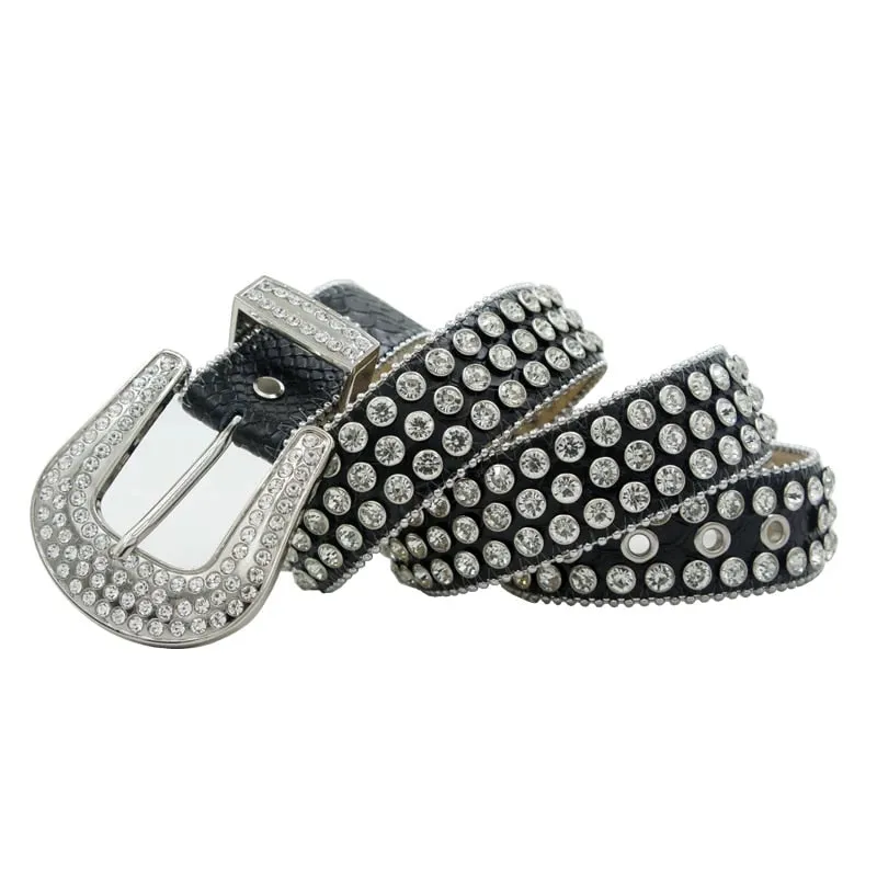 Mens Rhinestones Alligator Leather Belt Black & White