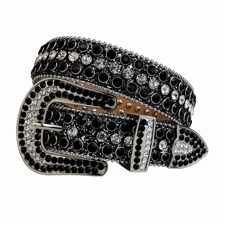 Mens Rhinestones Alligator Leather Belt Black & White