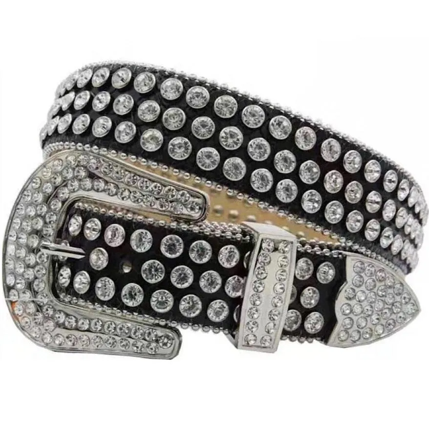 Mens Rhinestones Alligator Leather Belt Black & White