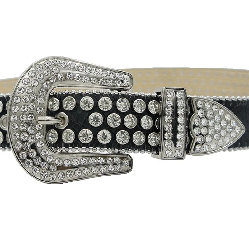 Mens Rhinestones Alligator Leather Belt Black & White