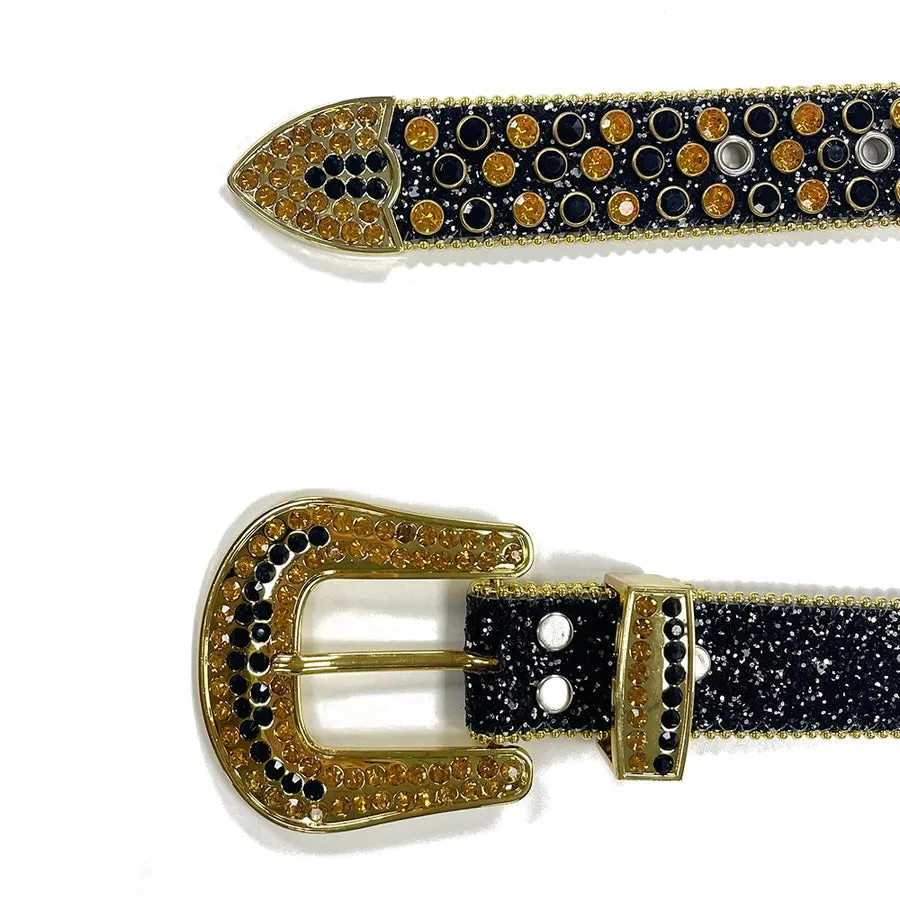 Mens Rhinestones Alligator Leather Belt Black Gold