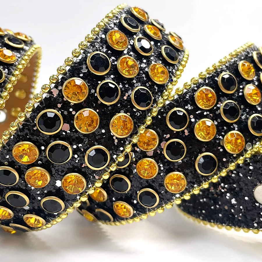 Mens Rhinestones Alligator Leather Belt Black Gold