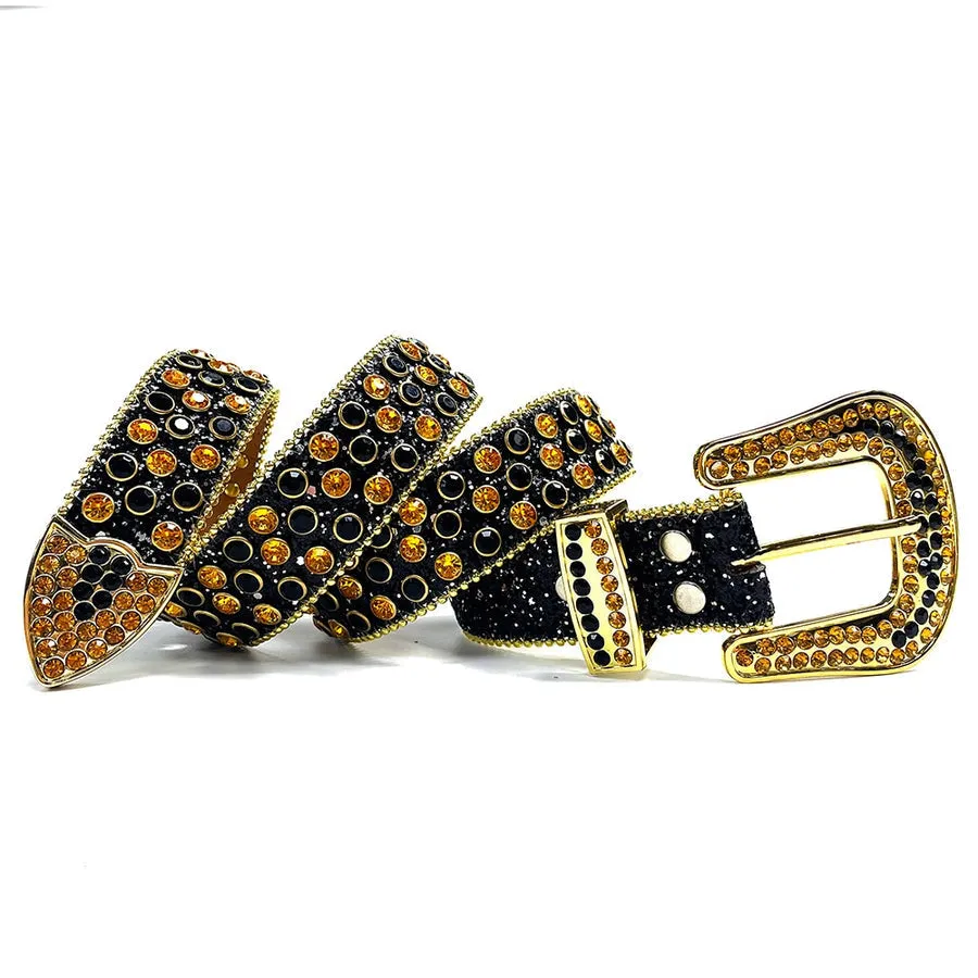 Mens Rhinestones Alligator Leather Belt Black Gold